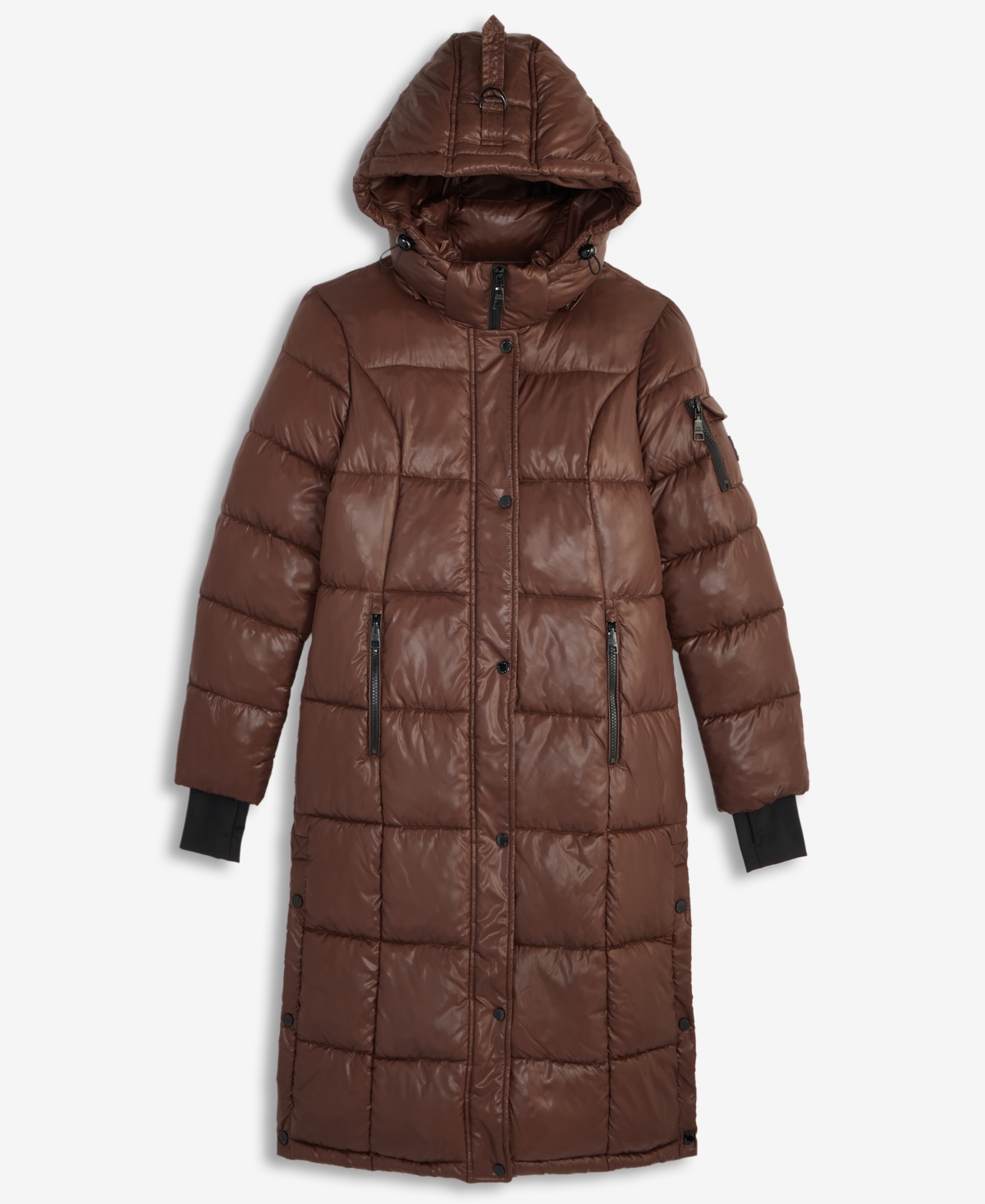 Steve Madden Women's Shiny Hooded Maxi Puffer Coat In Burgundy