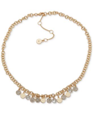 DKNY - Gold-Tone Pav&eacute; Disc Charm Dangling Collar Necklace, 16" + 3" extender