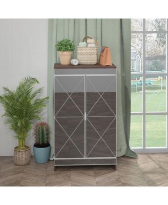 Elegant Decor Mirrored Cabinet with Silver Edging, Mirrored Cabinet with Double Door Storage, Shoe Storage Cabinet for Entryway, Glass+Brown Finish