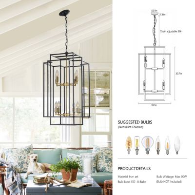 8-Lights Black & Gold Lantern Tiered Pendant Light Fixtures, Industrial Farmhouse Hanging Chandelier (No Bulbs)