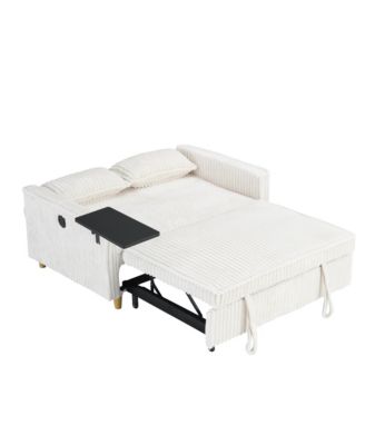 Corduroy Pull-Out Sofa with Tabletop and USB Ports