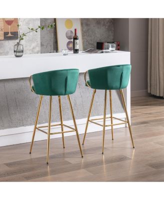 2 Green Velvet Bar Stools with Chrome and Golden Accents