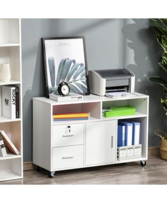 Printer Stand Home Office Mobile Cabinet Organizer Desktop with Caster Wheels, 2 Locking Breaks and Drawer, White
