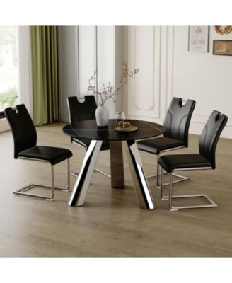 Round Table and 4 Black Chairs with Silver Metal Legs, Sintered Stone Tabletop