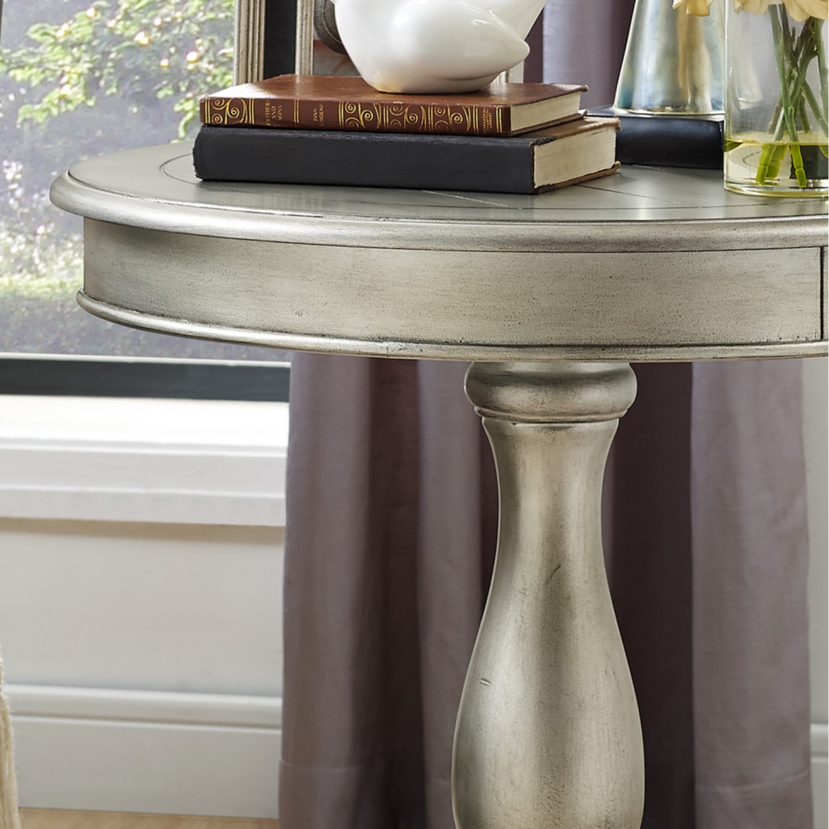 Simplie Fun Round Wood Pedestal Side Table, Champagne