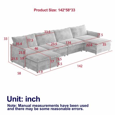 Corduroy 4-Seater Cloud Couch with Footrests & Cushions