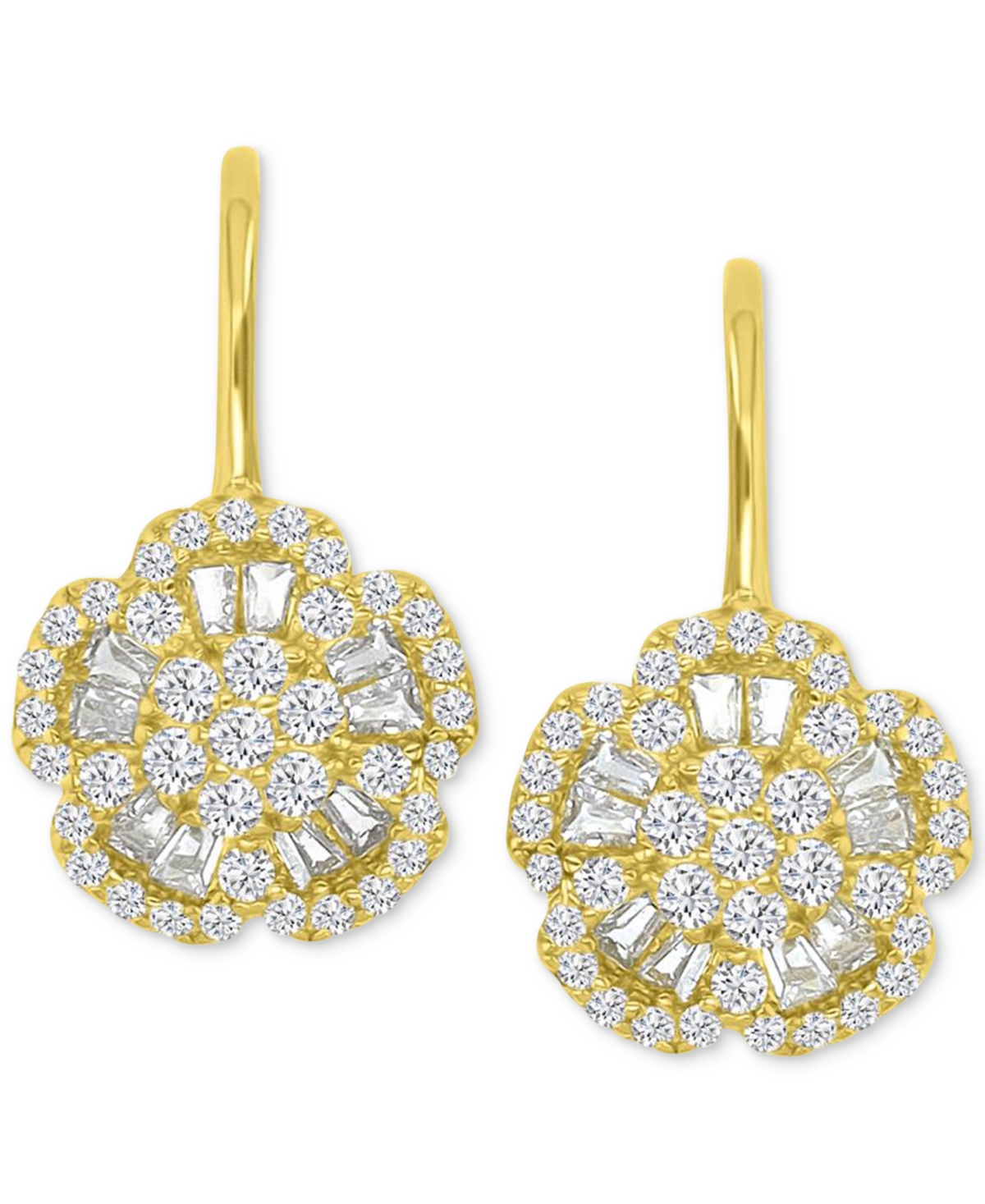 Macy's Cubic Zirconia Round & Baguette Flower Motif Leverback Drop Earrings