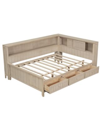 Full Size Wood Daybed with Storage Shelves and 3 Drawers, Antique White Milk