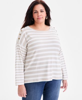 Plus Size Button-Trim Striped Knit Top, Macy's Exclusive
