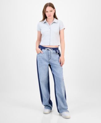 Juniors' Mixed Media Denim Sweatpants