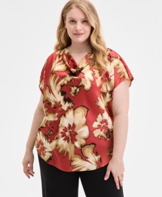 Anne Klein - Plus Size Floral-Print Cap-Sleeve Top