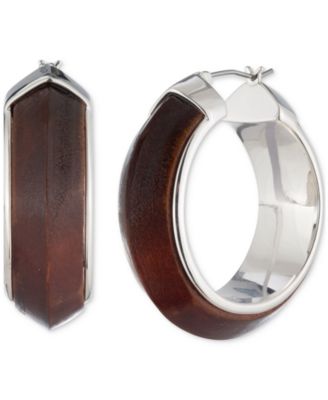 Lauren Ralph Lauren - Silver-Tone Wood Inlay Medium Hoop Earrings, 1.4"