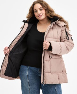 Plus Size Hooded Utility-Pocket Puffer Coat