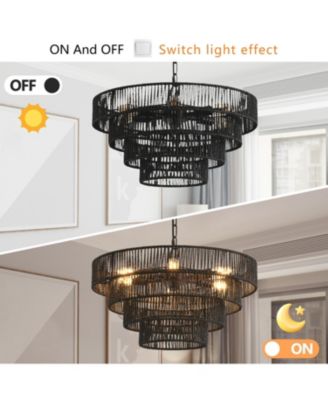 4-Tier Black Hemp Rope Chandelier with 6 Sockets, UL Listed Hardwired Pendant Light