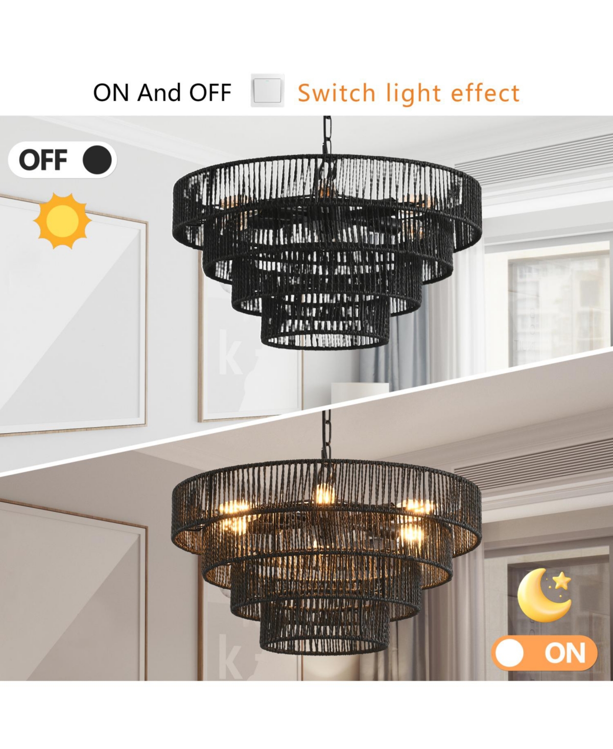 Streamdale 4-Tier Black Hemp Rope Chandelier with 6 Sockets, Ul Listed Hardwired Pendant Light