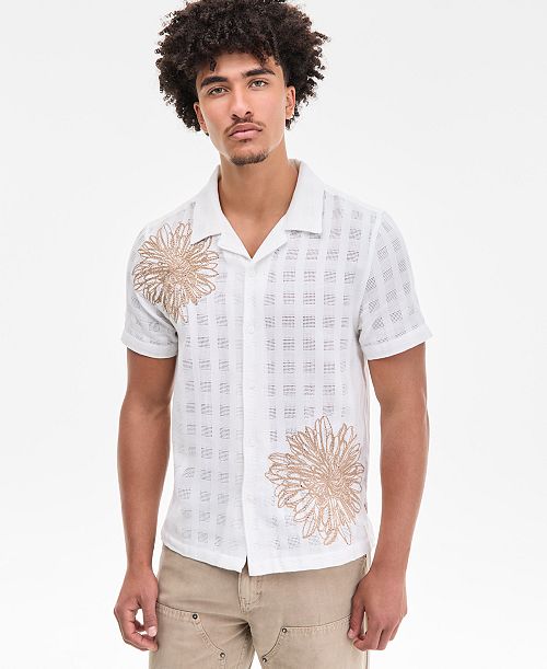 alfani GUESS Men's Conrad Regular-Fit Embroidered Mesh Check Button-Down Shirt Men's Fashion & Accessories