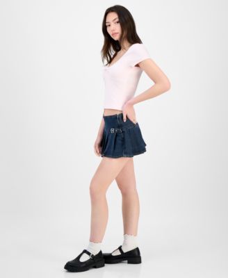 Juniors' Pleated Denim Mini Skort