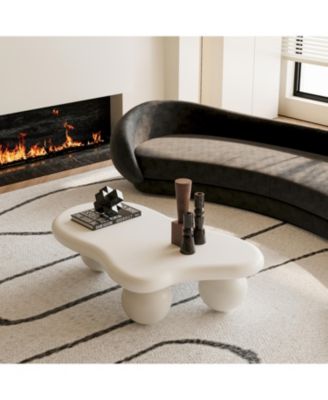 Streamdale 40 Inch Cloud Shaped Coffee Table with 3 Ball Legs for Living Room, Cream White
