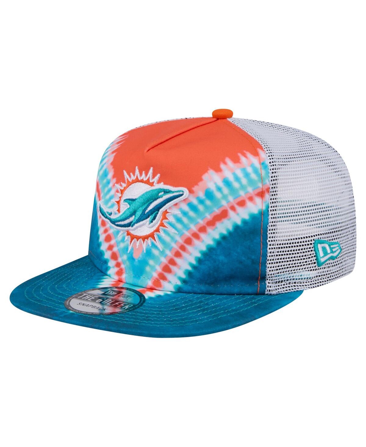 NEW ERA MEN'S ORANGE/AQUA MIAMI DOLPHINS THROWBACK DYE GOLFER SNAPBACK HAT 