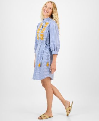 Women's Striped Embroidered Tie-Waist Dress