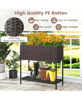 Wicker Raised Garden Bed with Storage Shelf and Removable Liner for Flowers