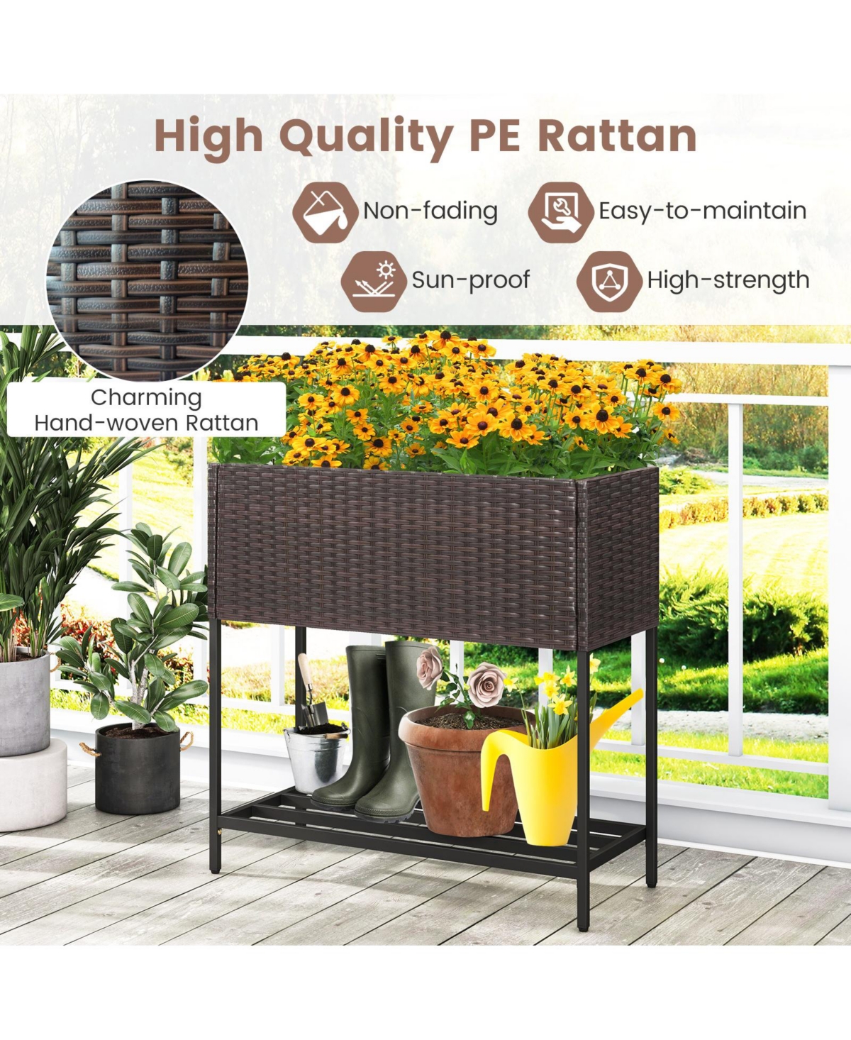 Wicker Raised Garden Bed with Storage Shelf and Removable Liner for Flowers