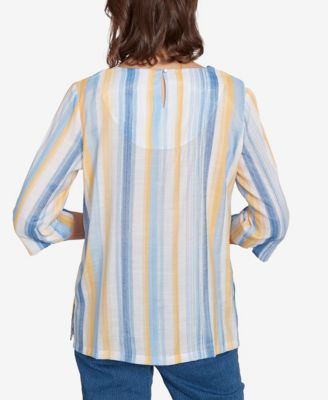 Women's Flower Power Striped Flower Detail Button Front Top