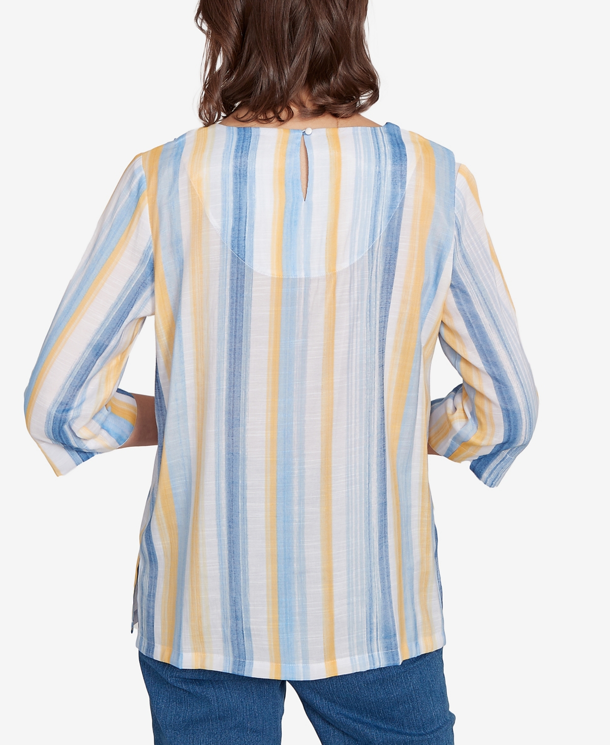 Alfred Dunner Petite Flower Power Striped Flower Detail Button Front Top