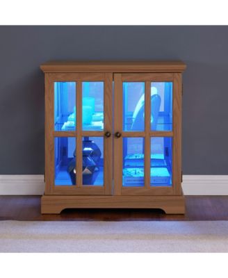 Antique LED Curio Display Cabinet, Adjustable Shelves, Lattice Doors, Oak Showcase