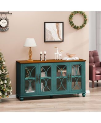 European Antique 4-Door Cabinet with Glass Doors for Living Space, Dark Green