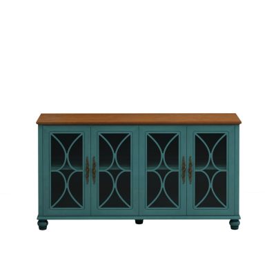 European Antique 4-Door Cabinet with Glass Doors for Living Space, Dark Green