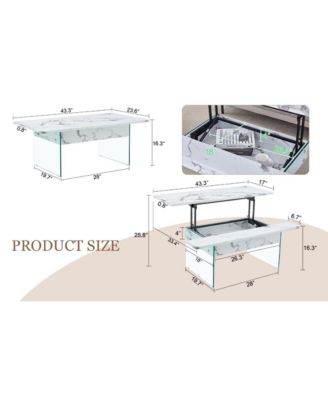 Multifunctional Lift Top Coffee Table with Modern Marble Pattern and Tempered Glass Legs