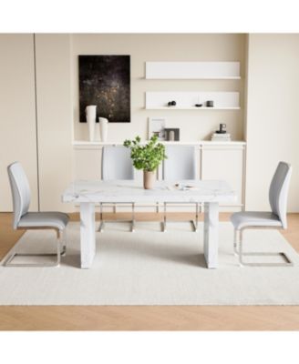 White Marble Table & Gray PU Chairs - 4 Seat Dining Set