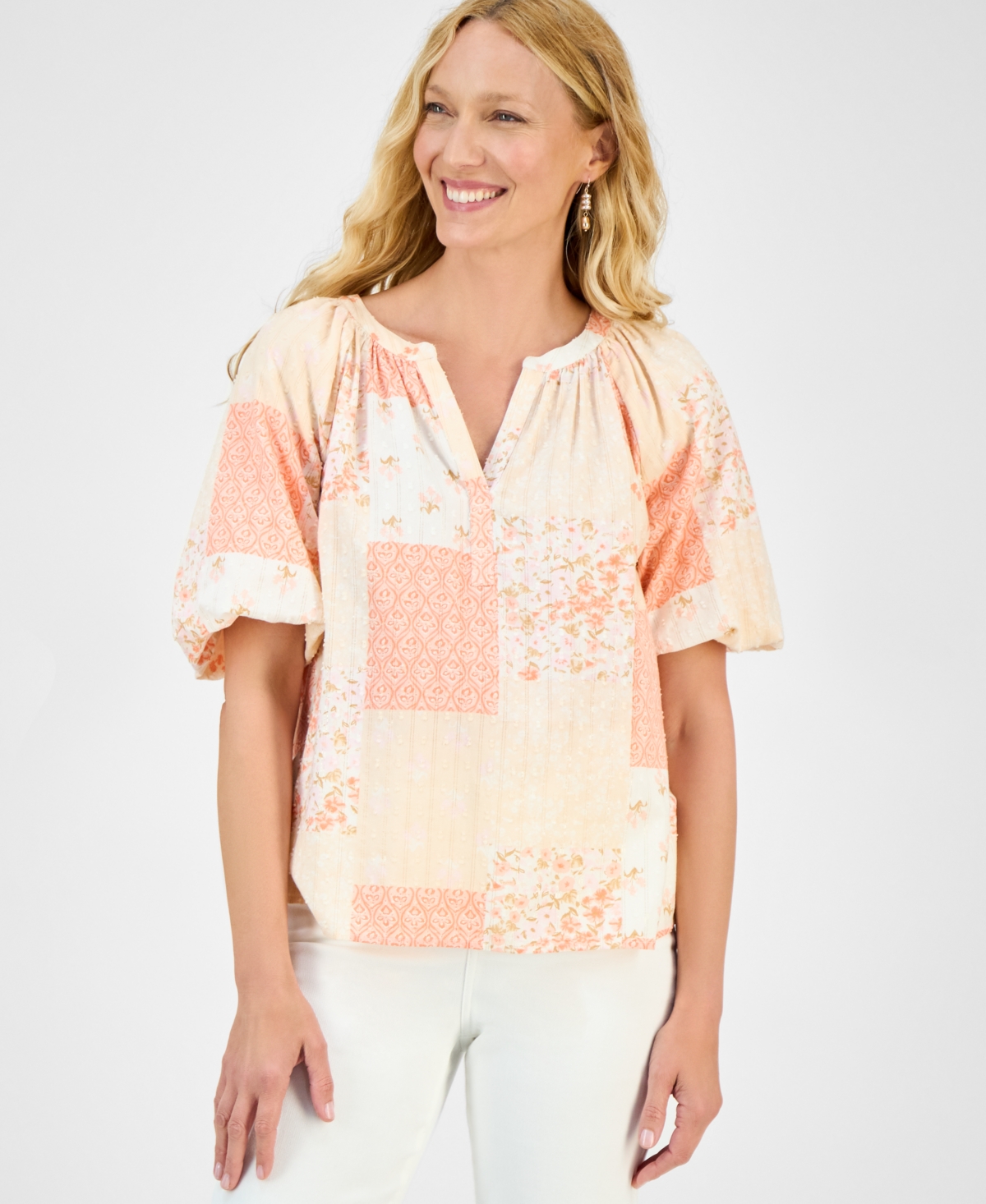 Women's Printed Bubble-Sleeve V-Neck Blouse, Exclusively at Macy's - Patchwork Print