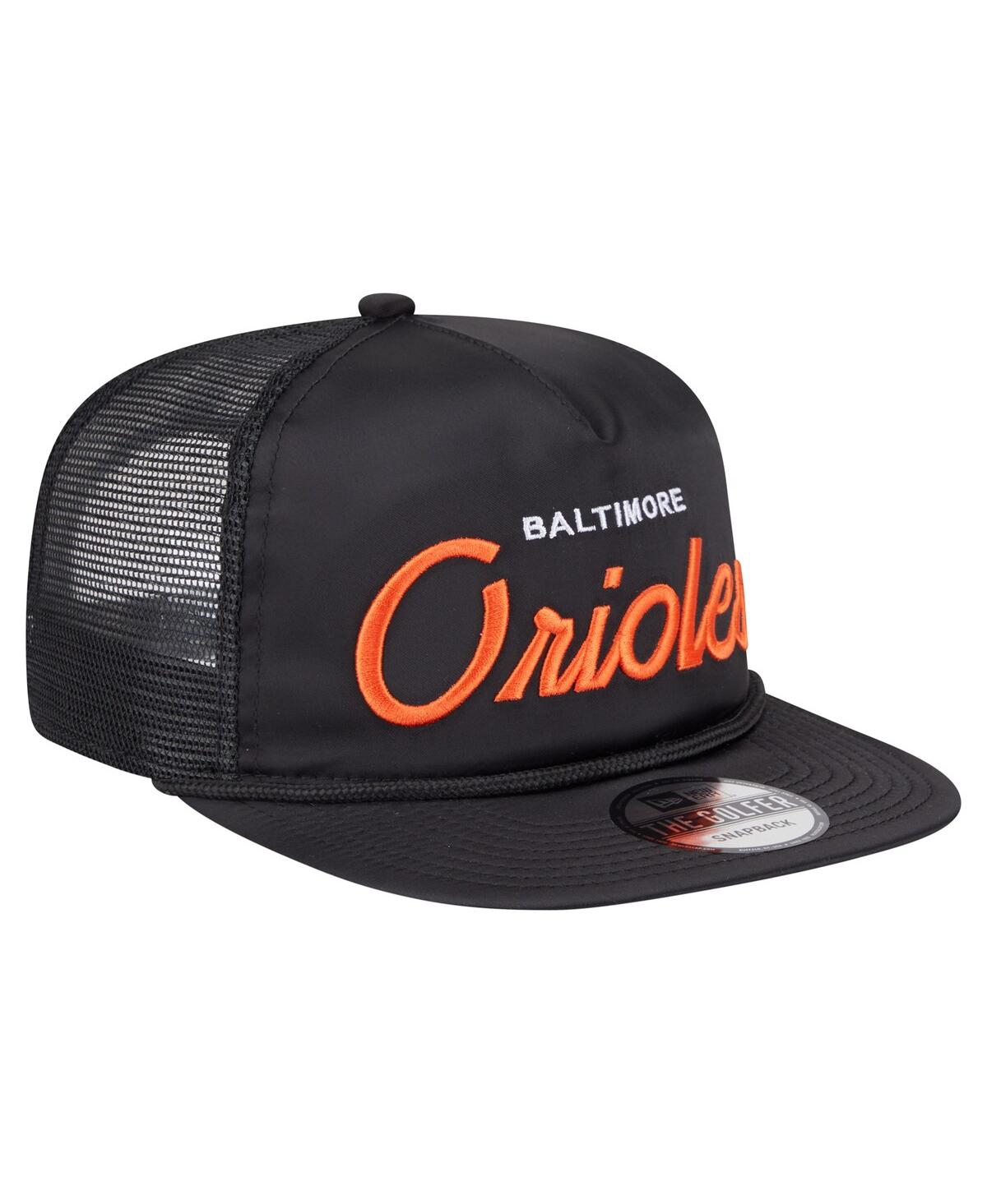 NEW ERA MEN'S BLACK BALTIMORE ORIOLES RETRO SATIN SCRIPT GOLFER ADJUSTABLE HAT 