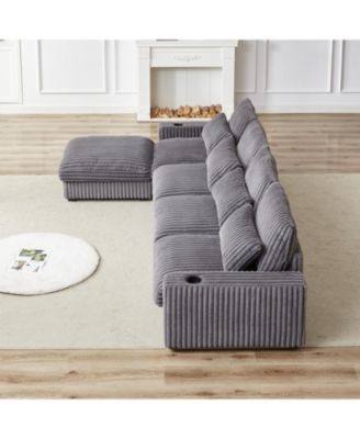 Streamdale 126" Corduroy L-Shaped Sofa w/ Cup Holder, USB, Pillows & Ottoman