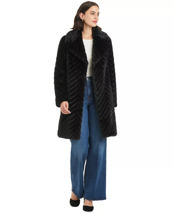 Women's Chevron Textured Faux-Fur Coat - thumbnail 10