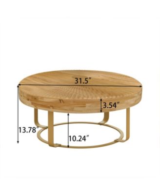 Modern Round Coffee Table with Carved Pine Top and Metal Legs