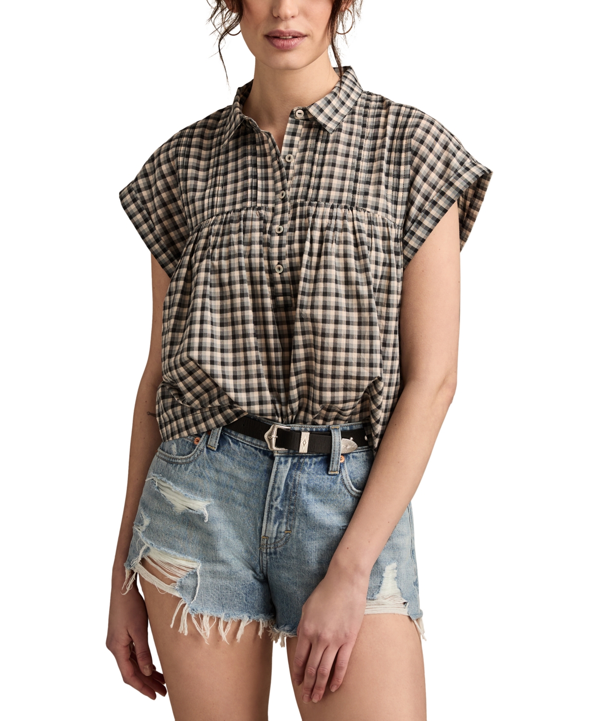 Shop Lucky Brand Women's Cotton Pintuck Button-front Top