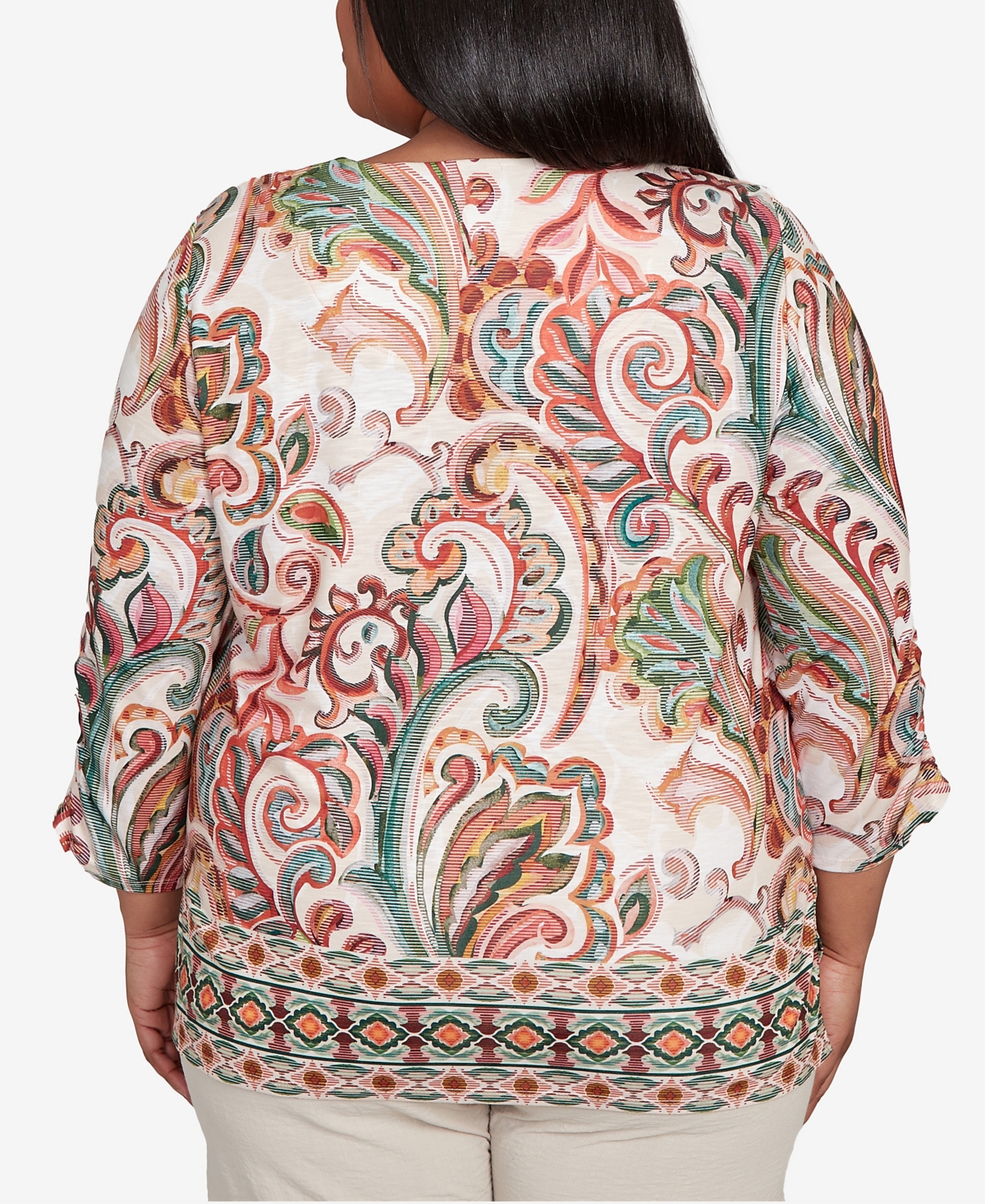 Alfred Dunner Petite Copper Canyon Textured Scroll Border Ruched Sleeves Crew Neck Top