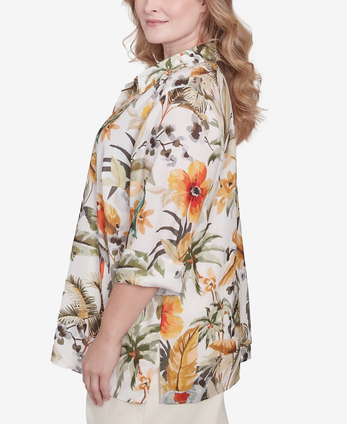 Alfred Dunner Plus Size Tropical Bird Button Front Top