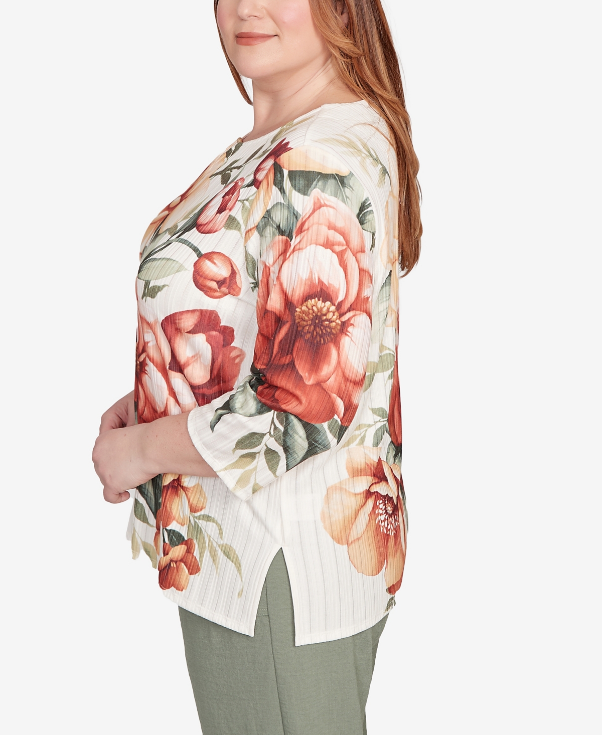 Alfred Dunner Plus Size Copper Canyon Dramatic Floral Split Beaded Top In Multi