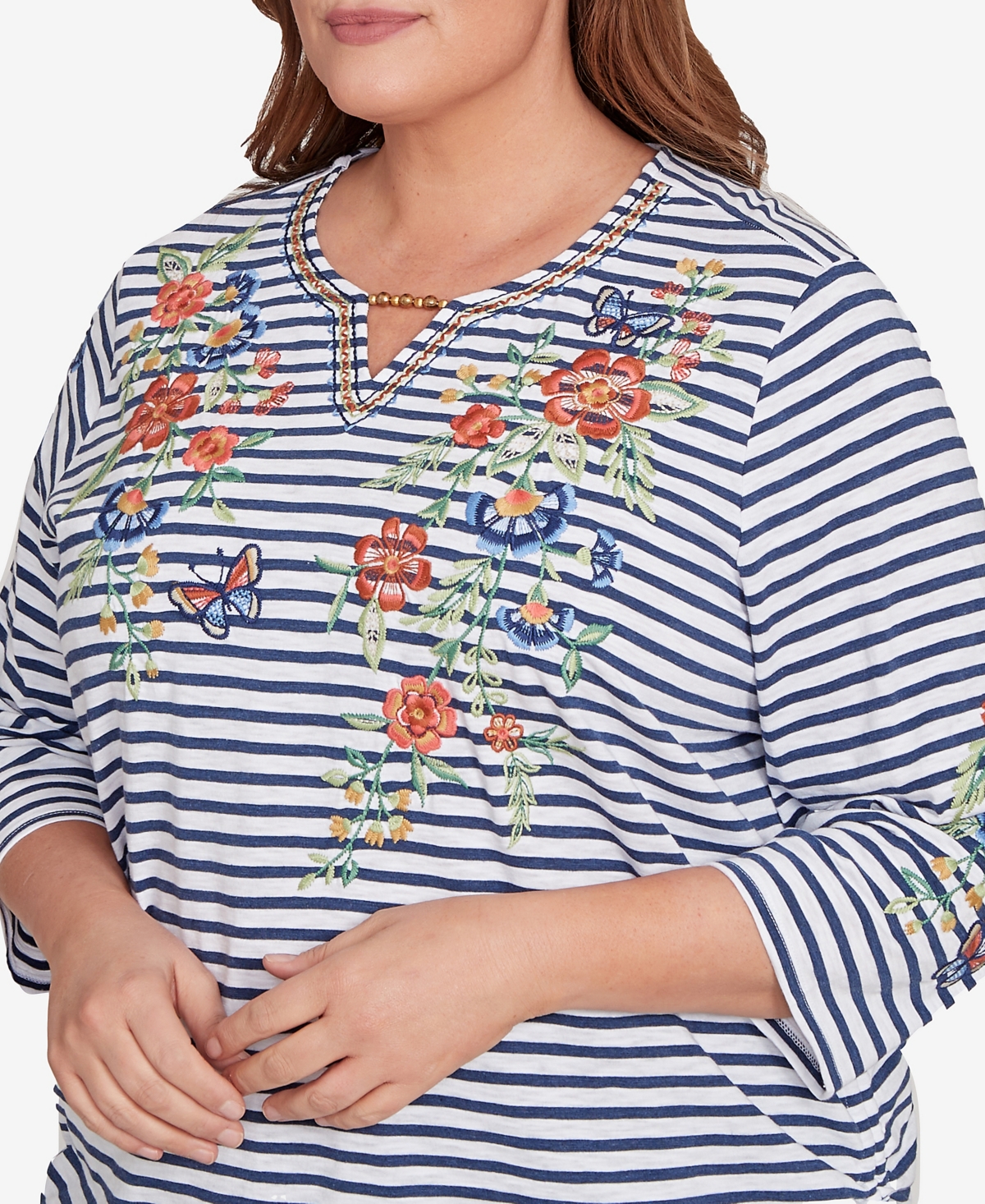 Alfred Dunner Plus Size El Paso Floral Stripe Ruched Sides Top In Blue