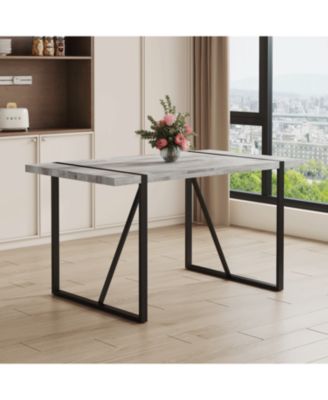 Streamdale Retro Rectangular Dining Table - Textured Gray Top, Black Metal Legs