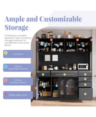  Freestanding 63" W Buffet with Hutch, Coffee Bar Storage Cabinet, Blue