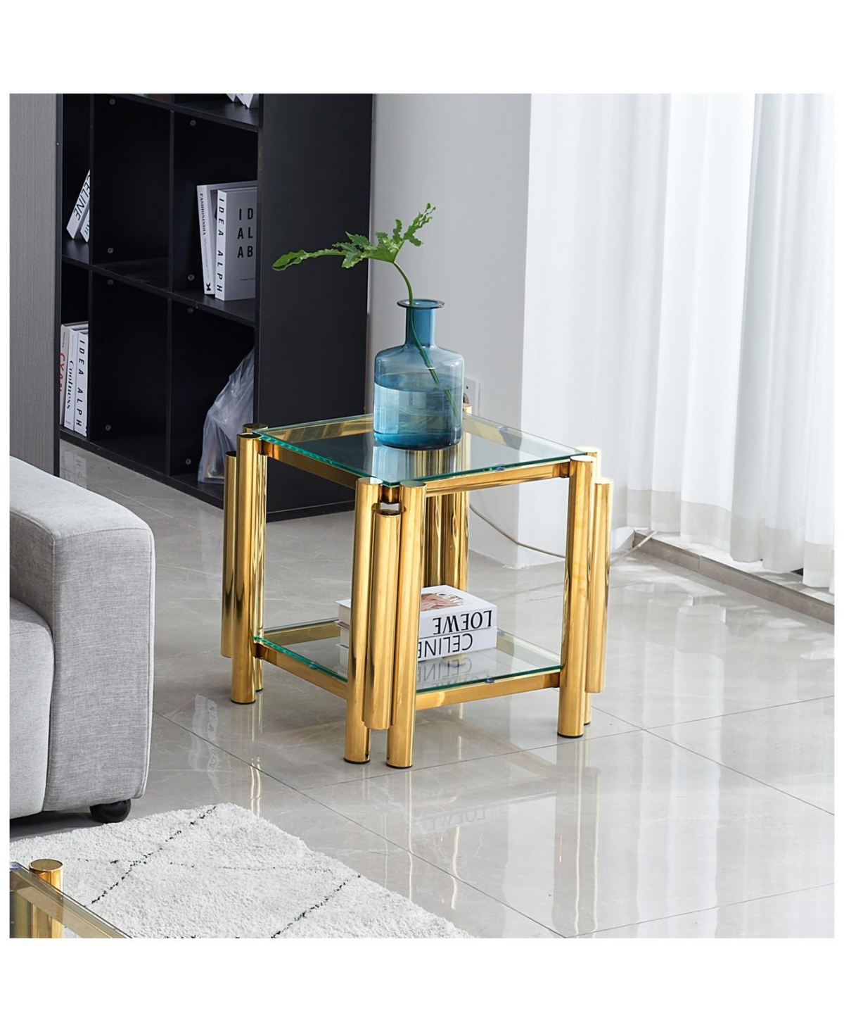 Streamdale 20" Square End Table with Glass & Stainless Steel, Gold Storage