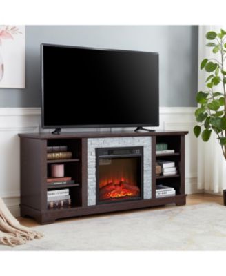 Cherry TV Stand with Stacked Stone Electric Fireplace