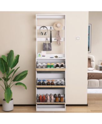 Mirror Shoe Cabinet: Flip-Tier Drawers, Hooks & Organizer