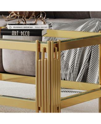  Top and Bottom Double Layer Tempered Glass Coffee Table and Mirror Finished Stainless Steel Frame