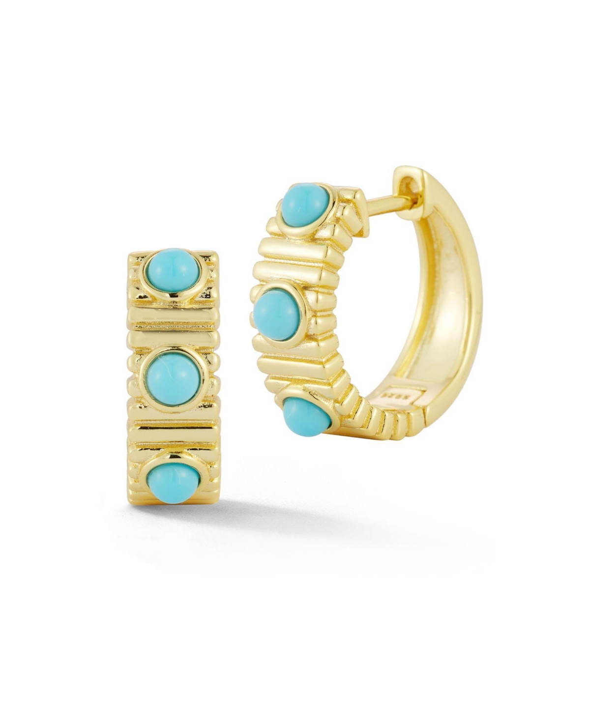 Sterling Silver Tri-Turquoise Ribbed Hoop Earrings - Gold